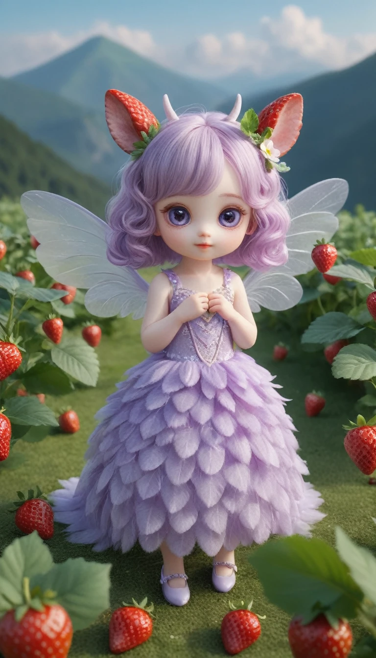 Cute unidentified creature、A soft, pastel lavender body、Cute big eyes、Small ears、small limbs、Big shiny feather、Sparkly spiral horns、Flapping wings and floating、Looking for strawberries、The background is a strawberry field、photograph、Highest quality、４K、realism、Ultra delicate