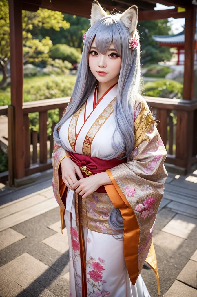 top-quality、masterpiece、超A high resolution、(Photorealsitic:1.4)、Raw foto、1 girl in、((white hair))、full body Esbian、large full breasts、Ultra exposed cleavage、erotick、Erotic look、gargantilha、二重まぶた、Loose and fluffy perm、semi long hair、Pleated skirt with slit、Staring at us with your whole body、Close up with black and white kimono, sōsaku hanga, hakama kimono, Anime Cosplay, Onmyoji, Komono,, high quality costume, intricate hakama, flowing magic robe, bath robe, japanese kimono、((Teenage Korean schoolgirl))、((Korean Female Idols))++、