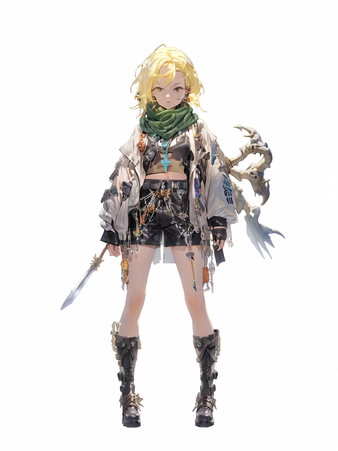 1 woman, animal skin ,Light yellow hair, animal bones, Green Scarf, brown leather top, silver metal decoration