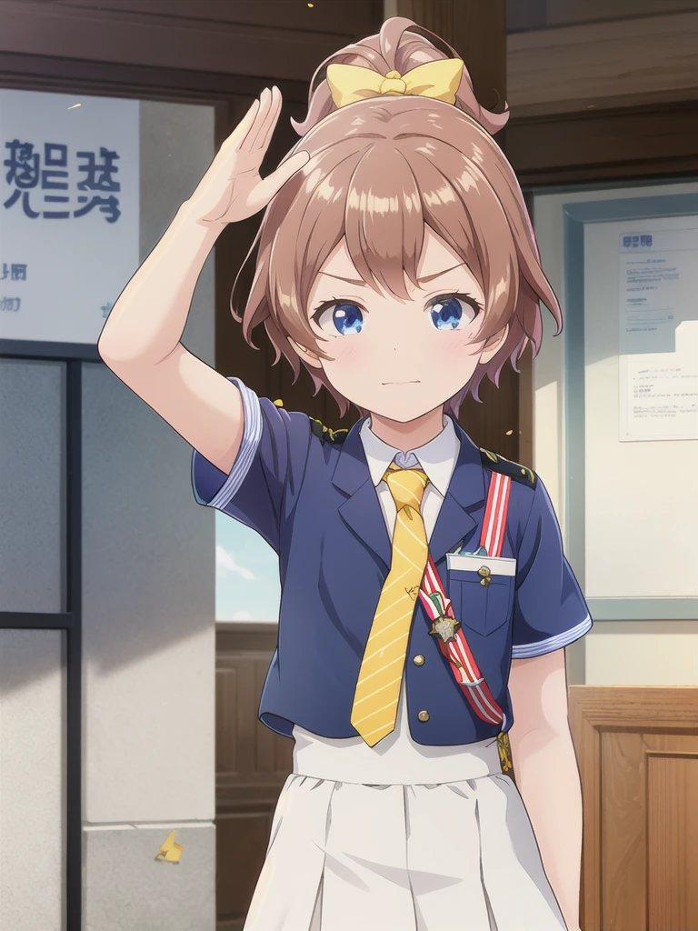 Highest quality,masterpiece,12 years old,serious,Close your mouth,blue eyes,indoor,School,corridor,Are standing,Upper Body, 顔 focus,Brown Hair, short hair, ponytail,Yellow ribbon hair clip, uniform,Yellow tie,White short sleeve,Blue Skirt,Close ~ eyes, salute,Medals,Uniform cap
