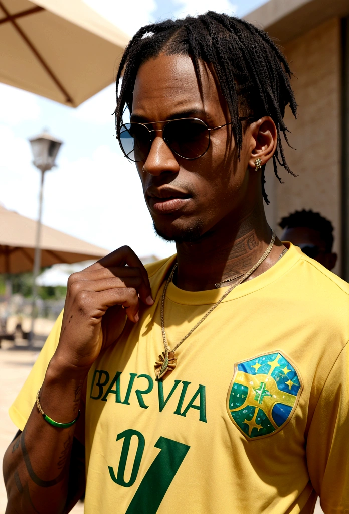 Travis Scott wearing sunglasses, Dress with Brazilian national team t-shirt 