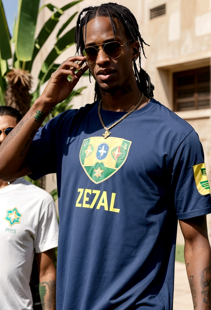 Travis Scott wearing sunglasses, Dress with Brazilian national team t-shirt