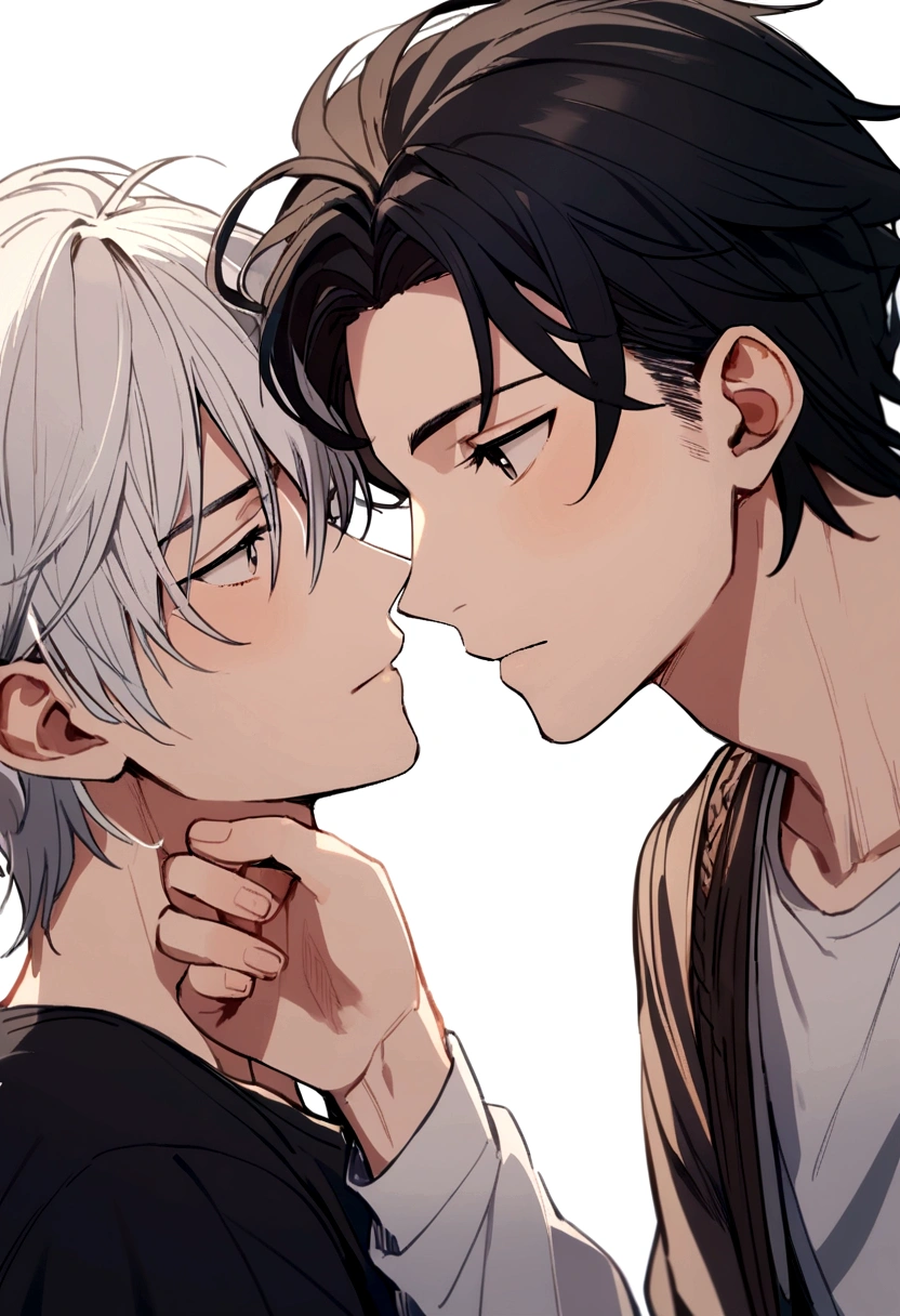 2 men love each other, one with black hair and one with white hair