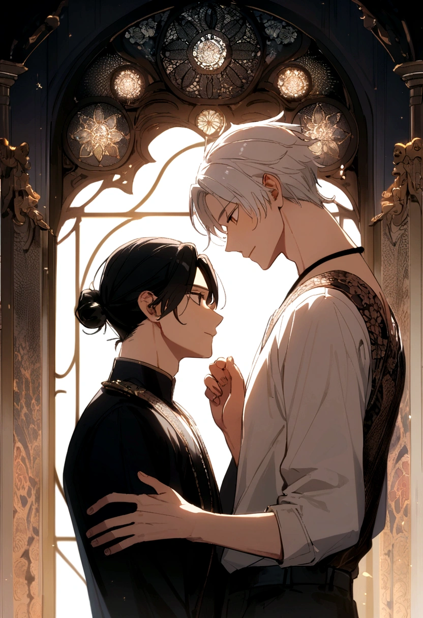 2 men love each other, one with black hair and one with white hair