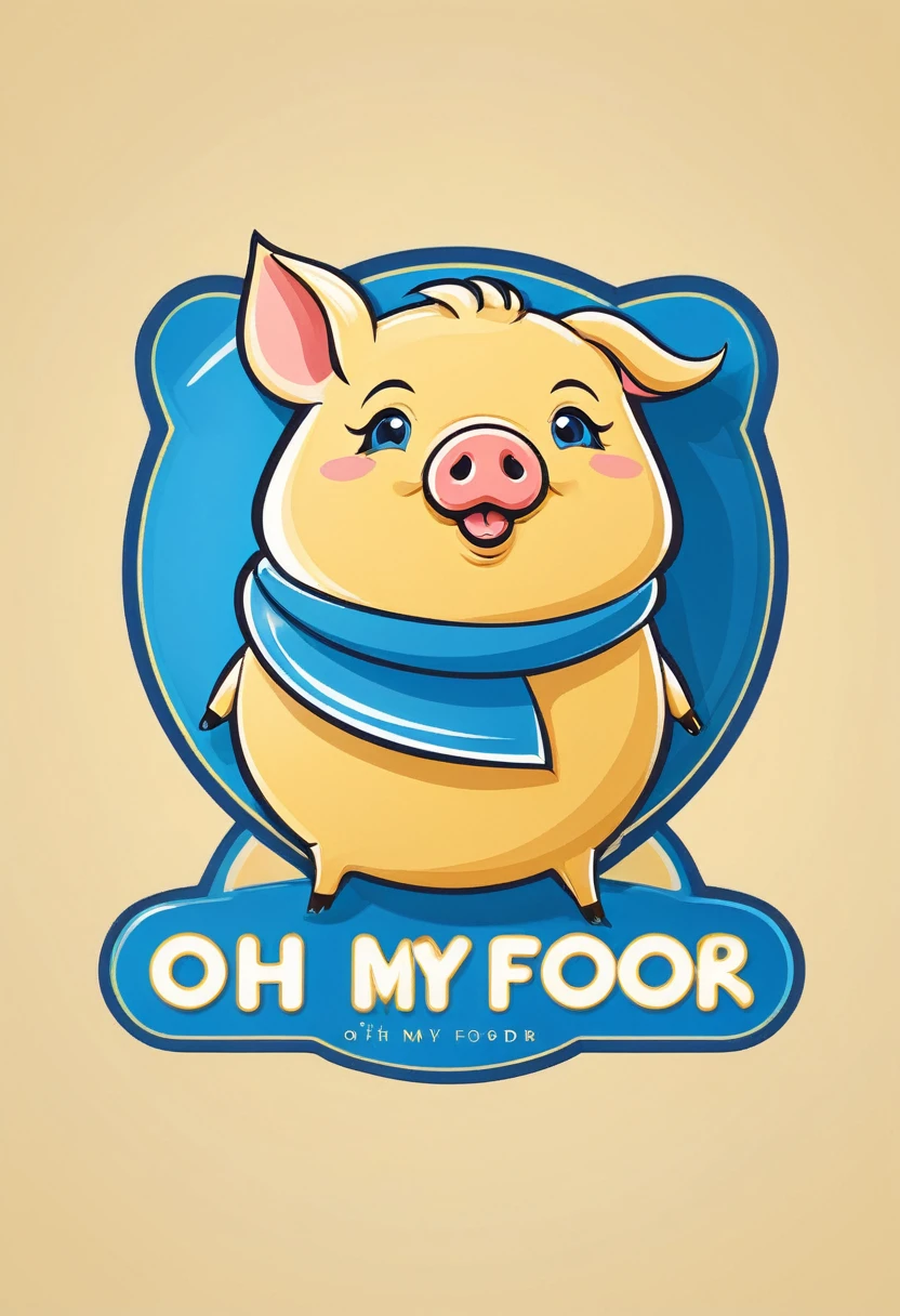 Logo design for a product category of pork. The logo style has a cute pig image, minimalist, easy to understand. Product name Oh my food. The word Oh my uses the color yellow and food uses blue