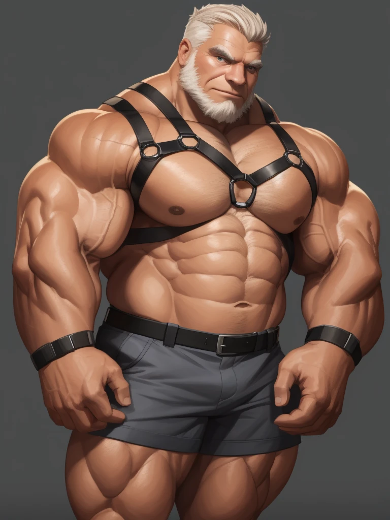 solo, 1boy, Huge Muscular Old man wearing harness , pectoral, thick arms, huge pectoral, wide pectoral, short white hair, short pants and shirtless, clean face, simple background, masterpiece, semirealistic:1.2, high detailed, 8k, high resolution