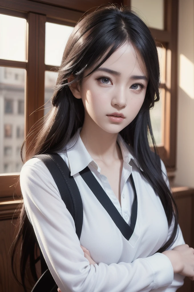 very beautiful warrior (photo realistic:1.6), ultra detailed, young woman, uplight, school wear, mask