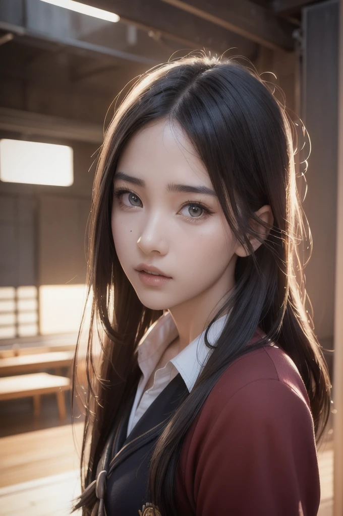 very beautiful warrior (photo realistic:1.6), ultra detailed, young woman, uplight, school wear, mask