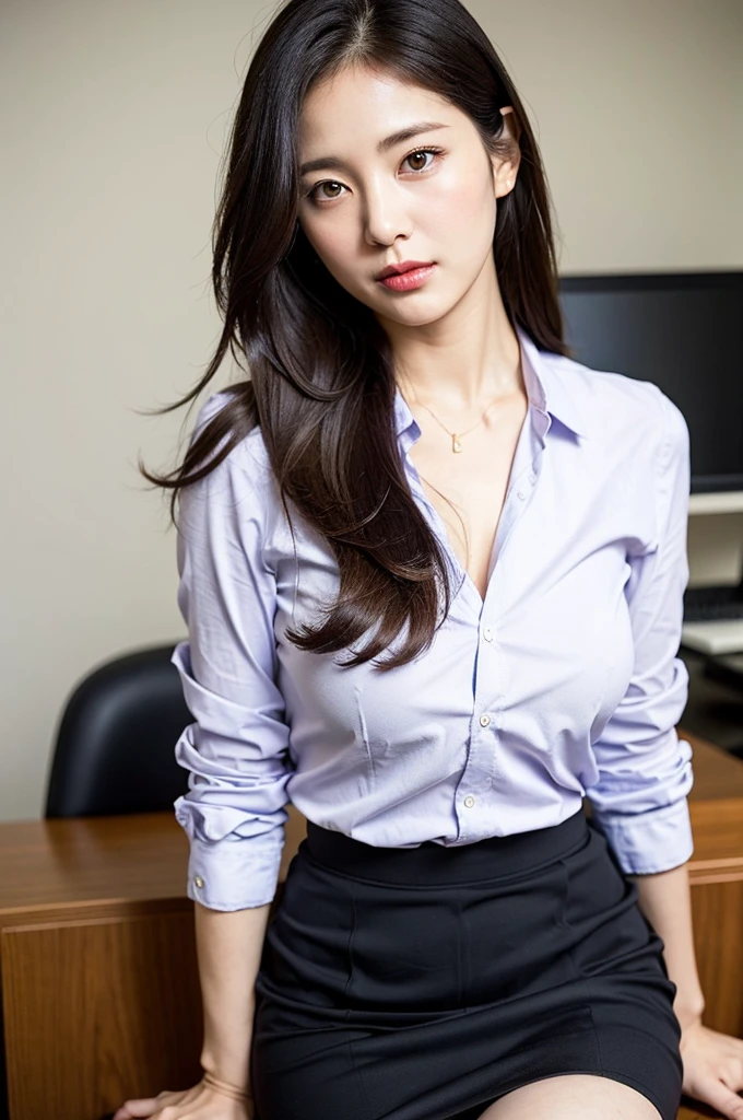 Mature Milf Young,Office Clothes,Erotic style,So cute,whole body,Beautiful soft skin perfect face perfect face,Gorgeous long brown hair,8K resolution,Ultra-realistic,Super detailed,high quality,Erotic beautiful immature woman in fashionable ,(Look at the viewers)