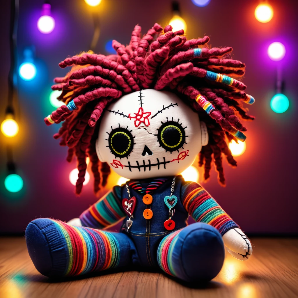 (knitted toy voodoo doll:1.8), (Voodoo Doll Social Media Influencer:1.3), (Clothing: trendy outfit with hashtag patterns:1.0), (Accessories: enchanted smartphone emitting soft light, levitating social media icons:1.1), (background: modern home studio with floating lights, glowing ring lights, and spectral followers:1.2), best quality, masterpiece, detailed soft oil painting, detailed background, dramatic cinematic lighting, soft edge lighting, professional, dramatic lighting, hard edge lighting, ultra quality, 4k,masterpiece, best quality, 8k, ultra highres, highres, extremely detailed