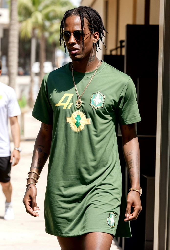 Travis Scott wearing sunglasses, Dress with Brazilian national team t-shirt