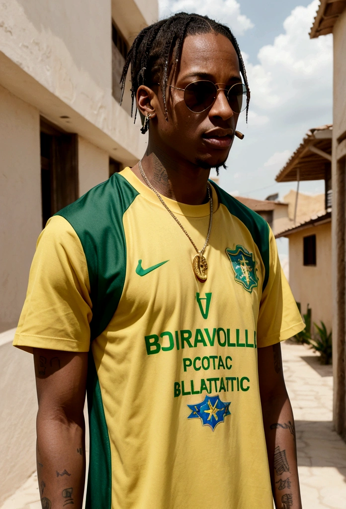 Travis Scott wearing sunglasses, Dress with Brazilian national team t-shirt