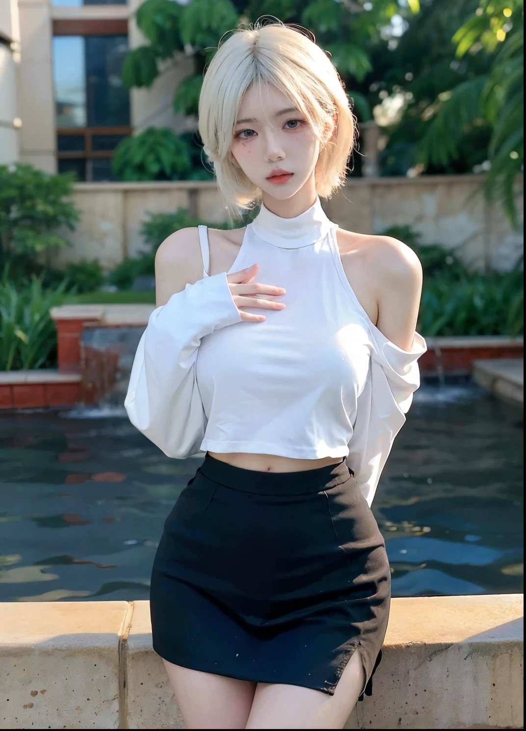 Beautiful woman with perfect figure:1.4,Desert Background,Desert Background,Ultra-high resolution,Seductive laughter,wear glasses,(lifelike:1.4),Layered Hairstyle,White皮肤,Super short pleated skirt,whole body,Very delicate face and skin texture,Double eyelids,Skin Whitening,Long hair,White hair,White,