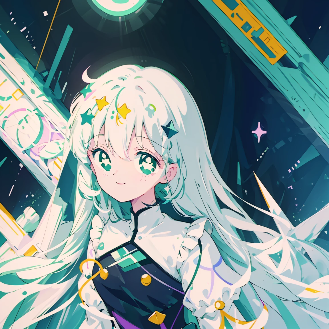 (1 girl),(Pop style,flat colors,star pattern,pastel,Brilliant eyes,smile,space atmosphere,color line drawing,contour,simple,night background, macro photography,pastel night aesthetic),((masterpiece)), /////////// (masterpiece),(Best quality), white hair, green eyes, short hair