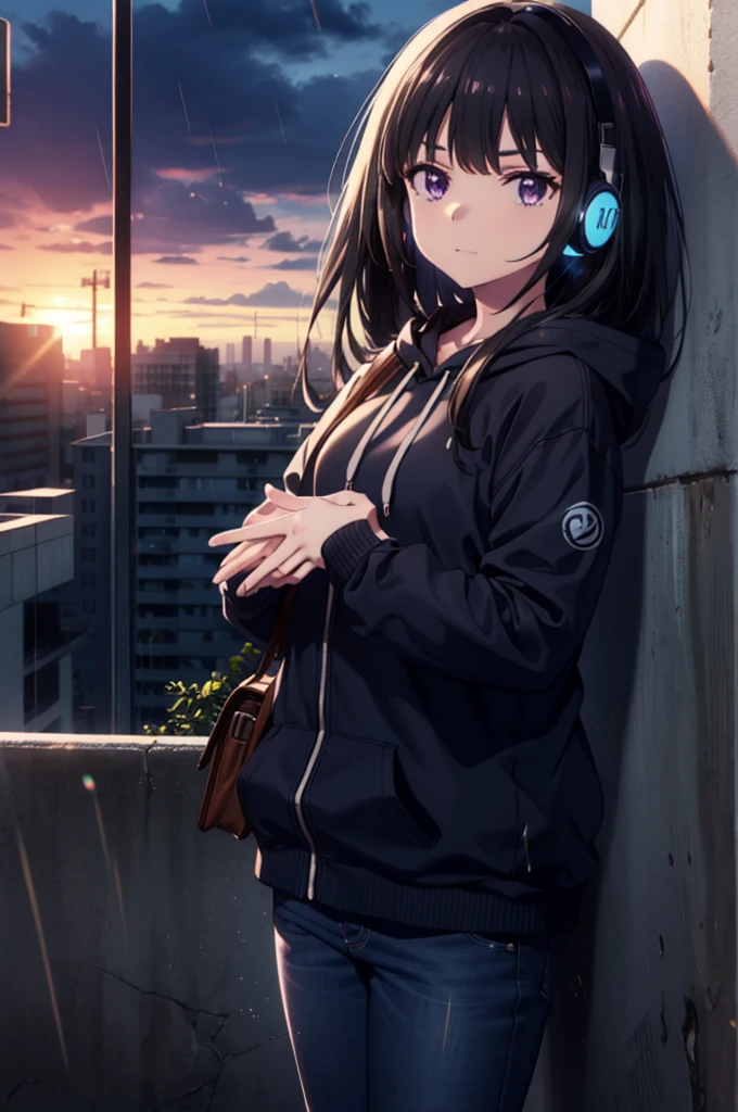 Takiuchikami, Check it out, Long Hair, bangs, Black Hair, (Purple eyes:1.2),Oversized blue hoodie,Wired headphones,jeans,High-top sneakers,Leaning against the wall,Hiding in a roofed building,whole bodyがイラストに入るように,rain,cloudy,night,
break outdoors, Building district,
break looking at viewer, whole body,
break (masterpiece:1.2), Highest quality, High resolution, unity 8k wallpaper, (figure:0.8), (Beautiful attention to detail:1.6), Highly detailed face, Perfect lighting, Highly detailed CG, (Perfect hands, Perfect Anatomy),