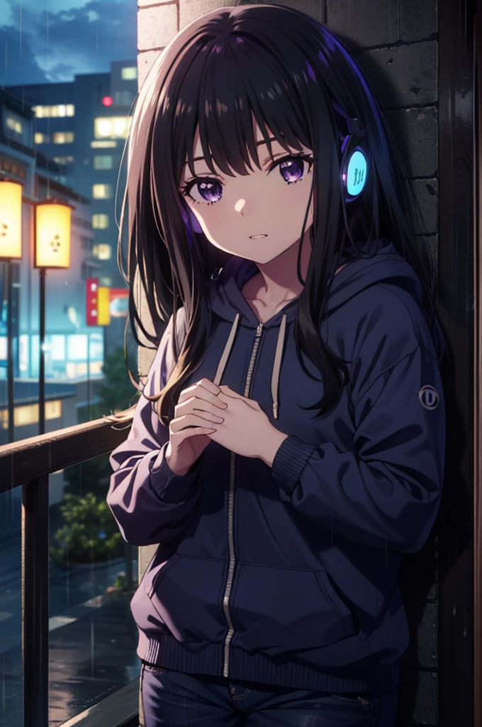 Takiuchikami, Check it out, Long Hair, bangs, Black Hair, (Purple eyes:1.2),Oversized blue hoodie,Wired headphones,jeans,High-top sneakers,Leaning against the wall,Hiding in a roofed building,whole bodyがイラストに入るように,rain,cloudy,night,
break outdoors, Building district,
break looking at viewer, whole body,
break (masterpiece:1.2), Highest quality, High resolution, unity 8k wallpaper, (figure:0.8), (Beautiful attention to detail:1.6), Highly detailed face, Perfect lighting, Highly detailed CG, (Perfect hands, Perfect Anatomy),
