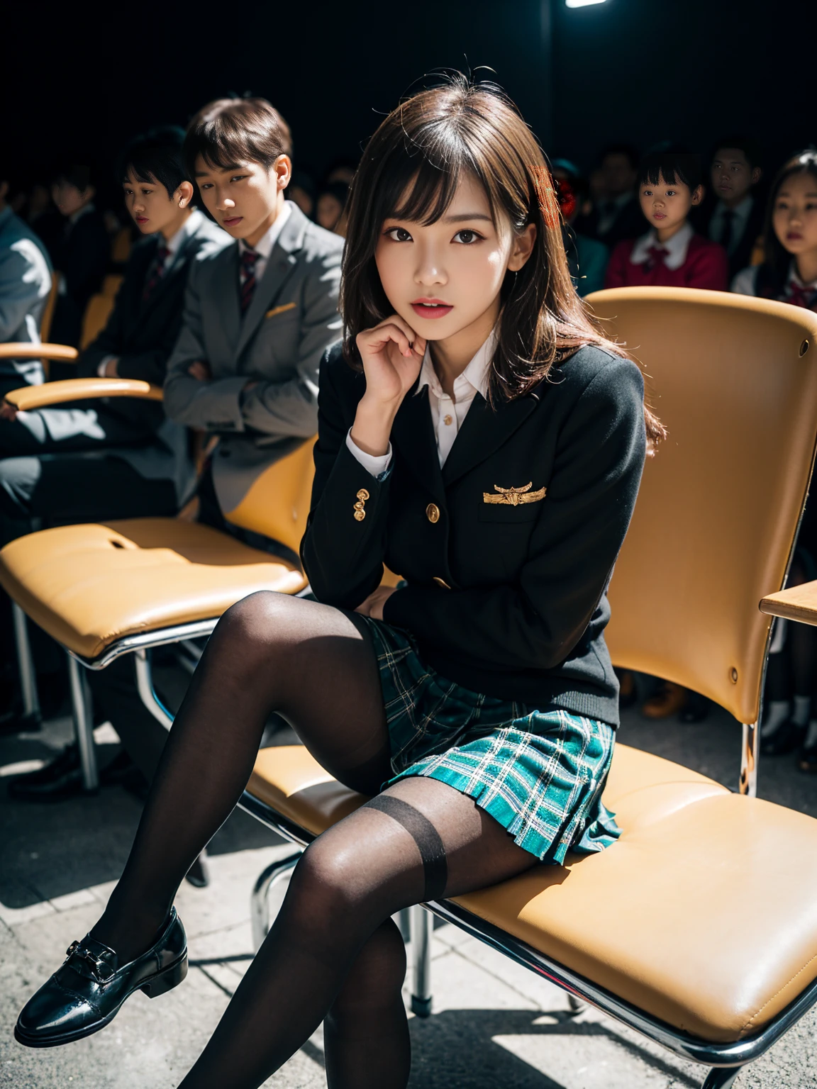 (whole body:1.5),(Watching the audience:1.4),(Correct Anatomy:1.3),(That day in paradise:1.3),(Wearing matte black pantyhose, a JK student uniform tartan check pleated skirt and JK uniform leather shoes,And lots of jewellery :1.3), (Sit on a chair:1.3),(In pink|yellow|Blue color|green|red|White color|Black in color|Purplish color|grey|beige|Skin color 1.4),,(Accurate and perfectly beautiful face:1.4),(Clothing gloss:1.25),(Skin Reflection:1.25),Hyper HD, Ray Tracing, reflected light,Structurally correct, Award-winning, expensive詳細, Light and dark contrast, Facial lighting,Cinematic Lighting, Masterpiece, Super Detail, expensive、expensive品質, expensive詳細, Best quality, 16K,High Contrast,Unprotected lower body, NSFW
