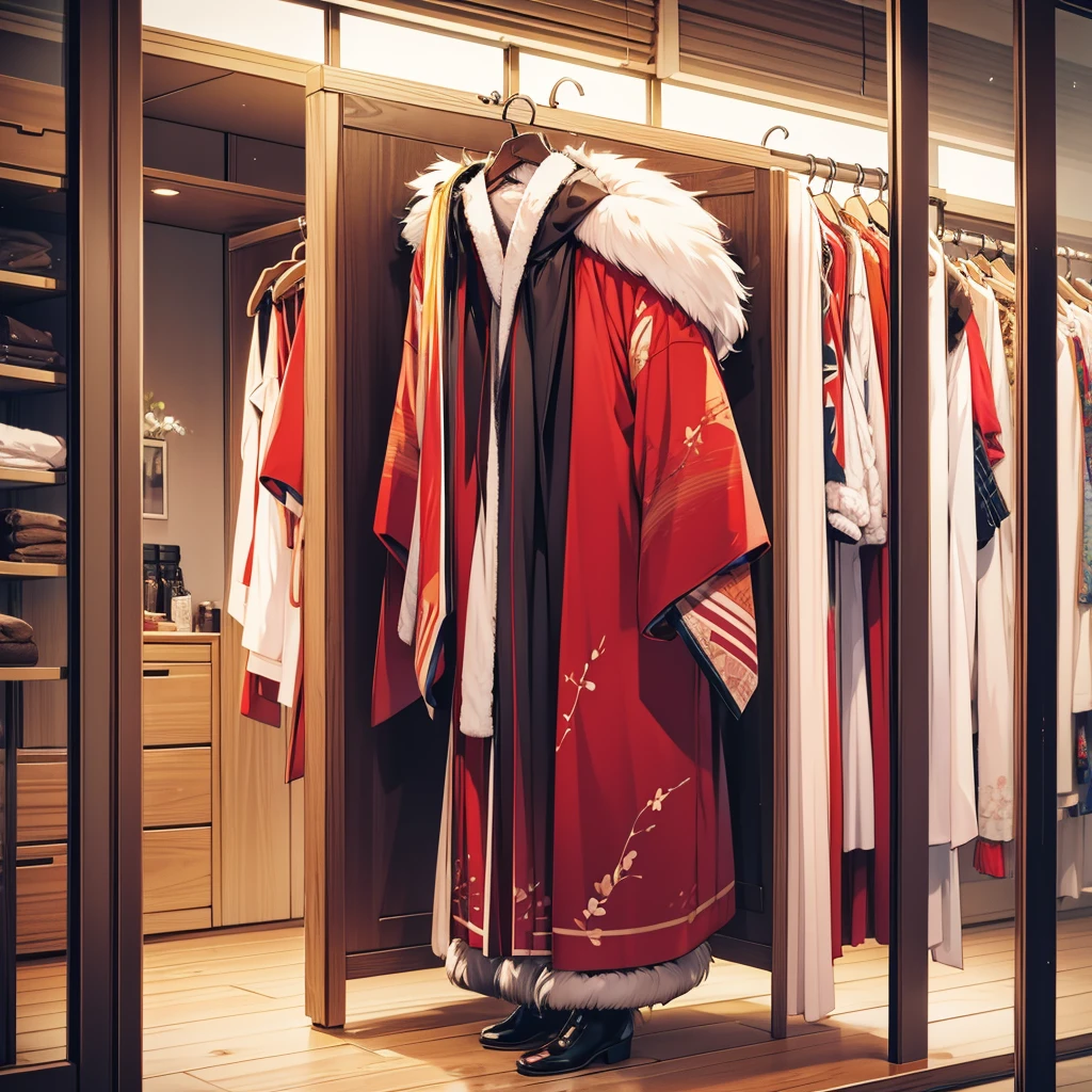 beautiful furry kimono, in wardrobe, no people