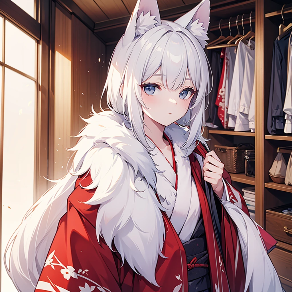 beautiful furry kimono, in wardrobe, no people 