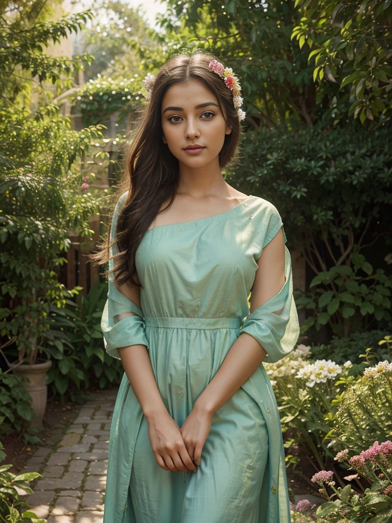 Of a beautiful lord shri krishna , A detailed girl with beautiful eyes and lips, in a garden full of vibrant flowers and lush greenery. The girl is standing gracefully, wearing a flowing dress that matches the colors of the flowers around her. The sunlight spills through the tree branches, casting soft and warm rays on her face and creating a dreamy atmosphere. Her eyes are sparkling with life, and her long eyelashes frame them perfectly. The painting style is a mixture of classical oil painting and contemporary digital art, resulting in a stunning blend of realism and artistic interpretation. The colors are vivid and rich, with a warm color palette that emphasizes the natural beauty of the scene. Every detail is meticulously captured, from the delicate texture of the flowers to the intricate patterns on the girl's dress. The overall composition is balanced and harmonious, inviting viewers to immerse themselves in this enchanting garden.