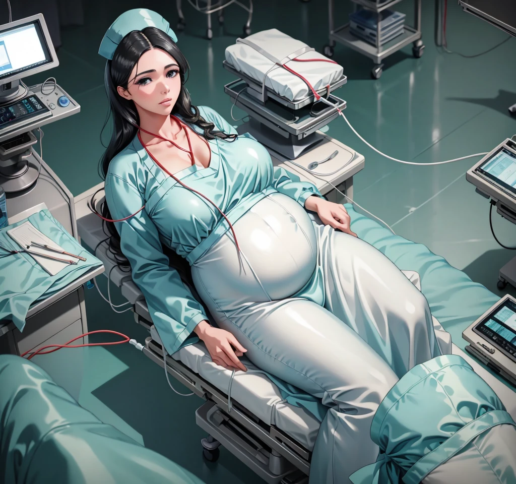 (give a score of 9_give a score of 8_give a score of 7)
Masterpiece, highest quality, best quality, view from top down, unohana retsu,
in one hospital, 1 pregnant woman,approximately 32 years old, 9 months pregnant, long hair, not wearing underwear, not wearing clothes, surgical cap, the face looked pained, frown, close your eyes, lying on the operating table, lie on your back, Lying with arms spread out, spread your arms, on the operating bed, in the operating room, a blanket covered her large breasts, another blanket covered her long slender legs, close the chest, close the legs, open belly, show all your belly, Her pregnant belly was visible,The picture explains the situation while waiting to give birth,