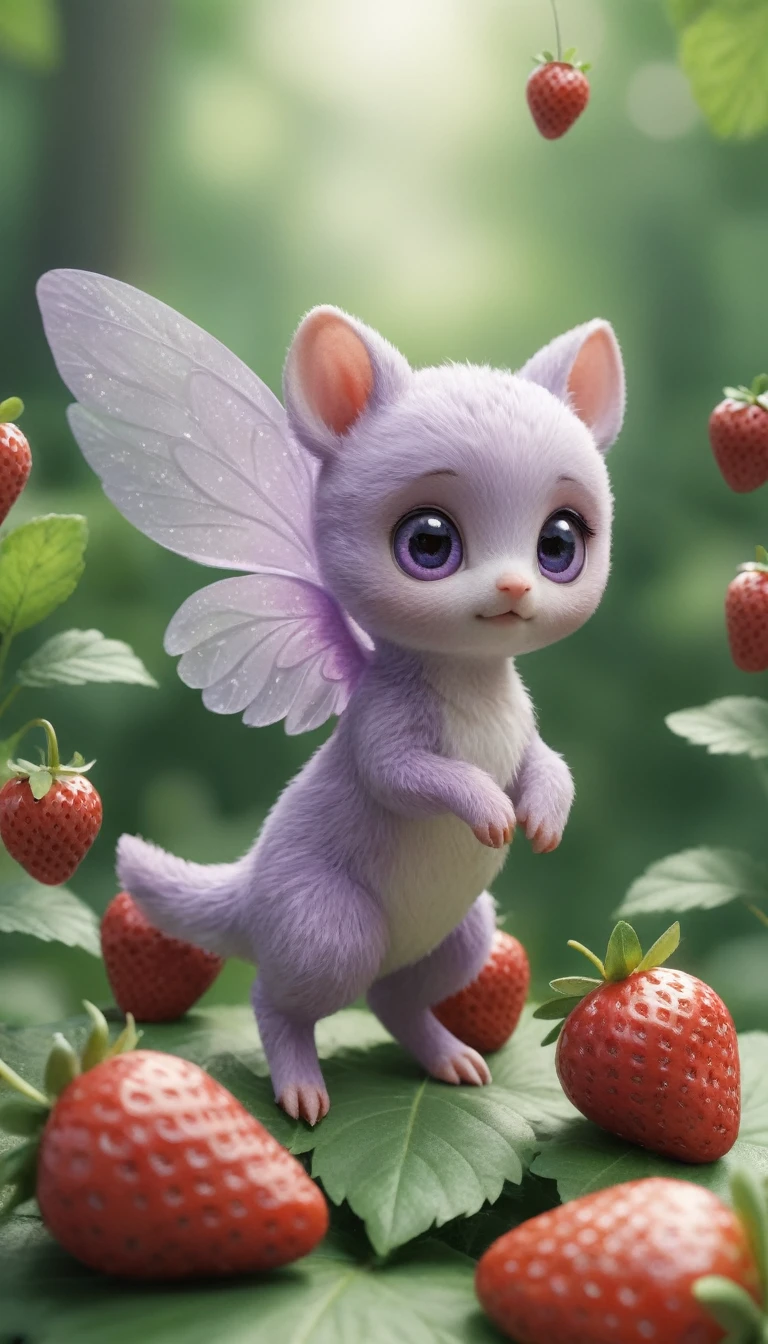 Unidentified creature、Quadrupedal、A soft, pastel lavender body、Cute big eyes、Small ears、small limbs、Big shiny feather、Sparkly spiral corners、Flapping wings and floating、Looking for strawberries、The background is a strawberry field、photograph、Highest quality、4K、realism、Ultra delicate