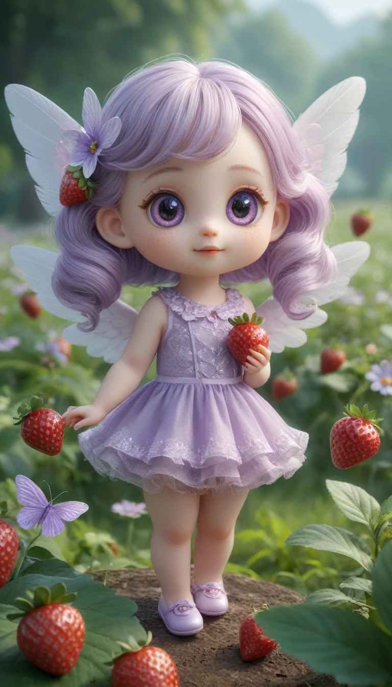 Unidentified creature、Quadrupedal、A soft, pastel lavender body、Cute big eyes、Small ears、small limbs、Big shiny feather、Sparkly spiral corners、Flapping wings and floating、Looking for strawberries、The background is a strawberry field、photograph、Highest quality、4K、realism、Ultra delicate