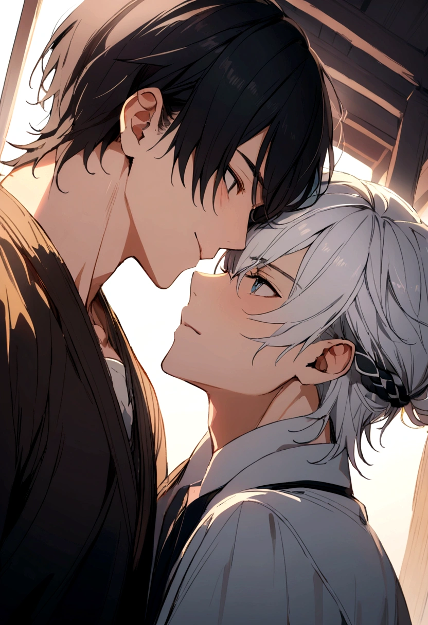 2 men love each other, one with black hair and one with white hair