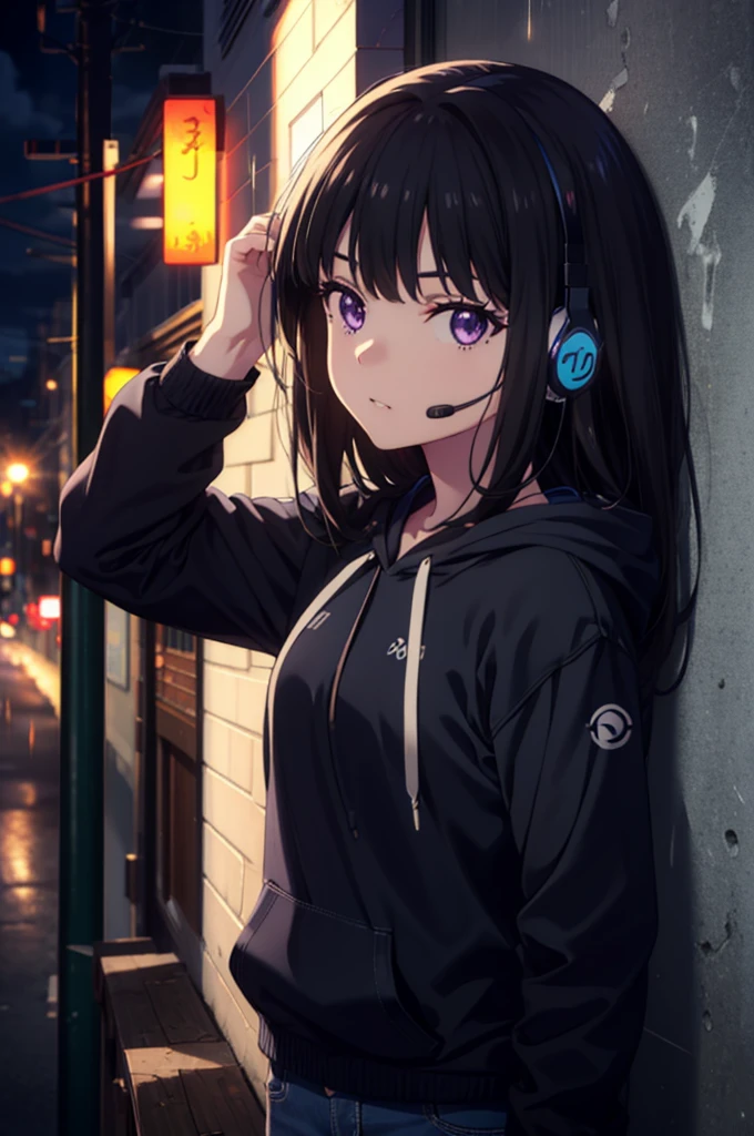 Takiuchikami, Check it out, Long Hair, bangs, Black Hair, (Purple eyes:1.2),Oversized blue hoodie,Wired headphones,jeans,High-top sneakers,Leaning against the wall,Hiding in a roofed building,whole bodyがイラストに入るように,rain,cloudy,night,
break outdoors, Building district,
break looking at viewer, whole body,
break (masterpiece:1.2), Highest quality, High resolution, unity 8k wallpaper, (figure:0.8), (Beautiful attention to detail:1.6), Highly detailed face, Perfect lighting, Highly detailed CG, (Perfect hands, Perfect Anatomy),