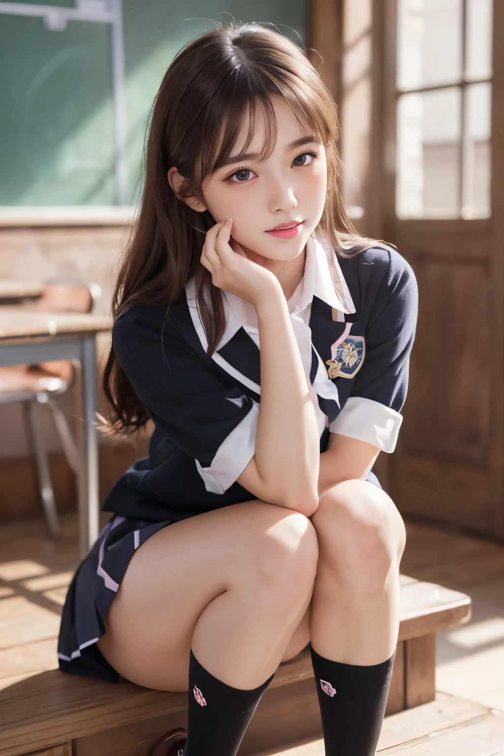 (((((1girl))))), (((best quality))), ((((masterpiece)))), ((ultra-detailed)), (illustration), (detailed light), (an extremely delicate and beautiful), (beautiful detailed eyes), (sunlight), ((extremely light)),
((((typical school blazer and a pleated skirt)))),
school girl,
wavy long hair, (((dark brown hair)), (((long hair))),
(((deep orange eyes))),
((whole body)), aged 14 to 17,
diamond, beautiful, ((extra elegant)), (((condescending expression))), (sexually mischievous smile), (((extra adorable))), (((extra slender shape))),
(((sitting on her knees in the classroom))),
(((extraordinarily thin thighs))),
(((mat white ankle socks))),