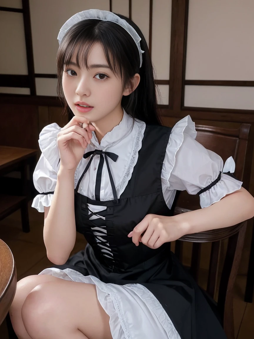 最high quality、high quality、best image quality、8K、最High resolution、High resolution、最high quality、masterpiece、Raw photo、whole body photos、Realistic human body in every detail、Realistic skin in every detail、Realistic face in every detail、Realistic eyes down to the details、Realistic lips in every detail、Realistic teeth in every detail、Realistic ears down to the last detail、Realistic hair down to the last detail、Realistic arms down to the last detail、Realistic reproduction of every detail、Realistic fingers in every detail、(fine hands、thumb1reference4)、Realistic feet in every detail、Realistic feet in every detail、Realistic breasts down to the last detail、((beautiful japanese girl))、(japanese model), (japanese woman)、((18 year old beautiful girl))、(black hair)、(random hairstyle)、((whole body))、((beautiful upturned chest))、(slim and perfect body)、(whole body glossy skin、Fair skin)、Detailed and realistic human body、detailed realistic skin、detailed realistic face、detailed realistic arms、detailed realistic fingers、Detailed realistic feet、detailed realistic breasts、A restaurant with a classic atmosphere、fine dining restaurant、((A girl sitting on a chair in the store and enjoying tea time))、((British Maid Outfits、French Maid Clothing、gothic maid outfit、german maid outfit、backless maid uniform、edwardian maid uniform、Garcon look maid outfit miniskirt maid outfit、Victorian maid clothes、classic maid costume、Steampunk maid outfit))、extreme close up