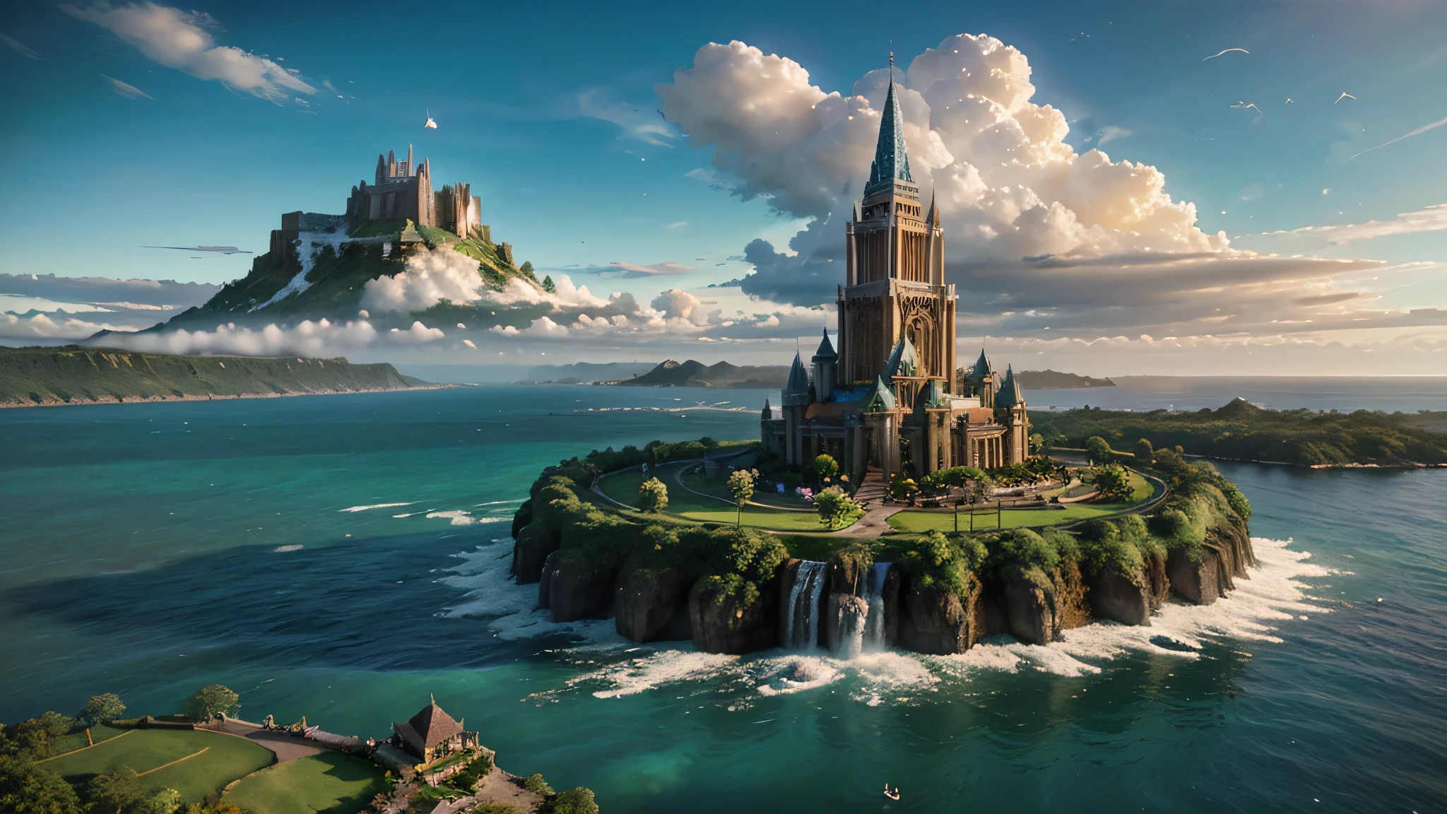 Create a breathtaking fantasy landscape featuring a towering crystal castle perched atop a floating island. Surround the island with swirling, colorful clouds and distant mountains with cascading waterfalls. Add mythical creatures like dragons and unicorns frolicking around the base of the island."
