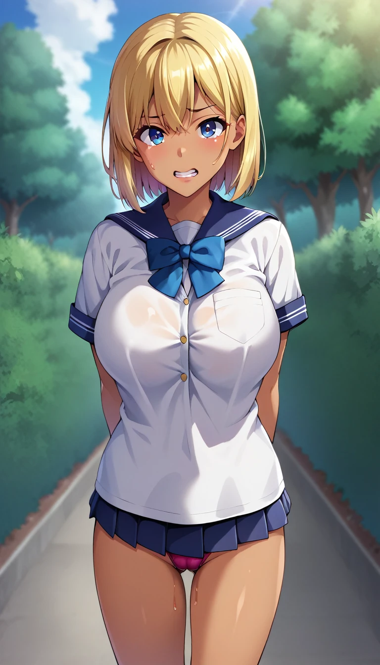 (masterpiece, best quality, ultra-detailed, high resolution, detailed eyes), takeda hiromitsu style, 1girl(17 years old), (school uniform, short sleeve shirt), (straight blonde hair, medium hair), solo, tanned skin, tsurime, scared:1.2, large breasts, slender body, looking at viewer, pov, cowboy shot, arms behind back, standing, school