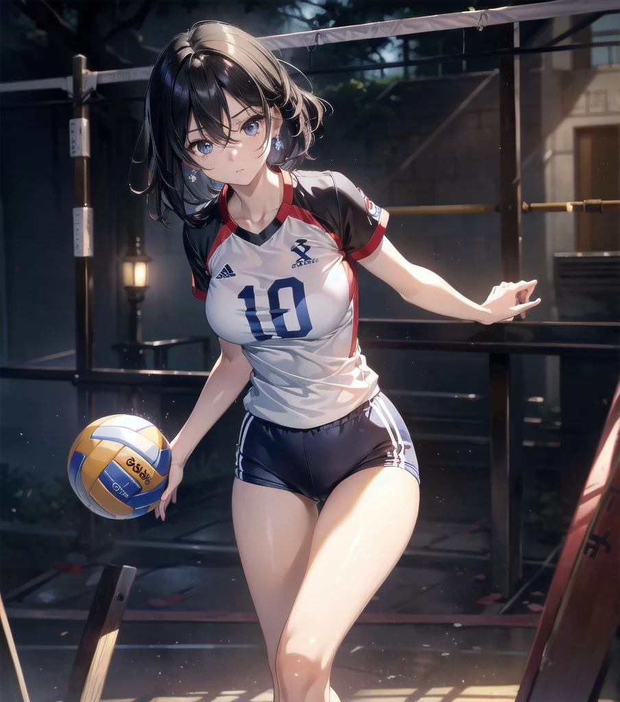 absurdres, RAW photo, extremely delicate and beautiful, masterpiece, Best Quality, ultra high resolution, 32k, hyperrealistic, ultra-detailed, Very detailed CG 8k wallpaper, Beautiful Lighting, Perfect Lightning, Realistic Shadows, perfect anatomy, super Detailed skin, perfect figure, Japanese woman, late 20s, very Slim body, narrow waist, very small head, handsome detailed woman, very detailed eyes and face, realistic face proportions, Stunning detailed eyes, Realistic beautiful face, very small face, Realistic small beautiful eyes, tearful mole, earring, beautiful and very thin legs, beautiful and very thin thighs, very huge round breasts, medium hair, black hair, full body shot, (volleyball uniform:1.2), shorts, midriff,