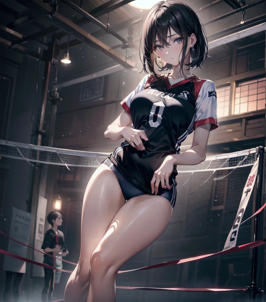 absurdres, RAW photo, extremely delicate and beautiful, masterpiece, Best Quality, ultra high resolution, 32k, hyperrealistic, ultra-detailed, Very detailed CG 8k wallpaper, Beautiful Lighting, Perfect Lightning, Realistic Shadows, perfect anatomy, super Detailed skin, Japanese woman, late 20s, very Slim body, narrow waist, very small head, handsome detailed woman, very detailed eyes and face, realistic face proportions, Stunning detailed eyes, Realistic beautiful face, very small face, Realistic small beautiful eyes, tearful mole, earring, beautiful and very thin legs, beautiful and very thin thighs, very huge round breasts, medium hair, black hair, full body shot, (volleyball uniform:1.2),