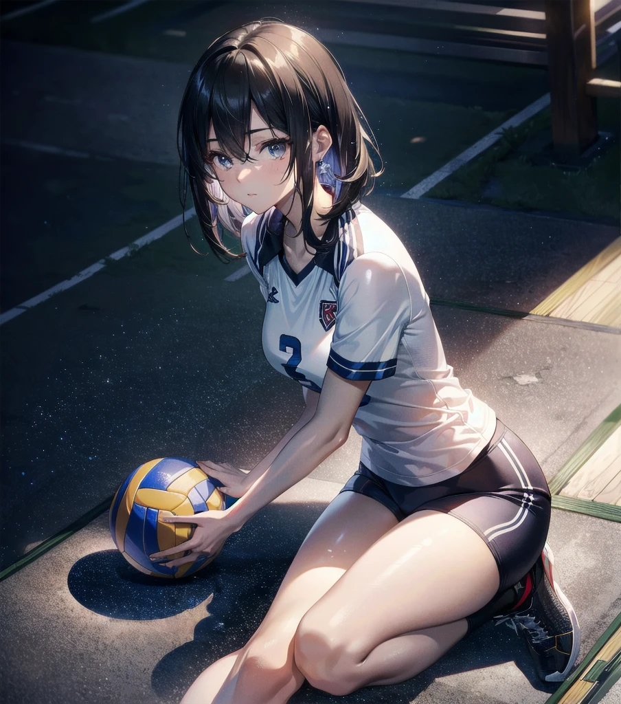 absurdres, RAW photo, extremely delicate and beautiful, masterpiece, Best Quality, ultra high resolution, 32k, hyperrealistic, ultra-detailed, Very detailed CG 8k wallpaper, Beautiful Lighting, Perfect Lightning, Realistic Shadows, perfect anatomy, super Detailed skin, Japanese woman, late 20s, very Slim body, narrow waist, very small head, handsome detailed woman, very detailed eyes and face, realistic face proportions, Stunning detailed eyes, Realistic beautiful face, very small face, Realistic small beautiful eyes, tearful mole, earring, beautiful and very thin legs, beautiful and very thin thighs, very huge round breasts, medium hair, black hair, full body shot, (volleyball uniform:1.2),
