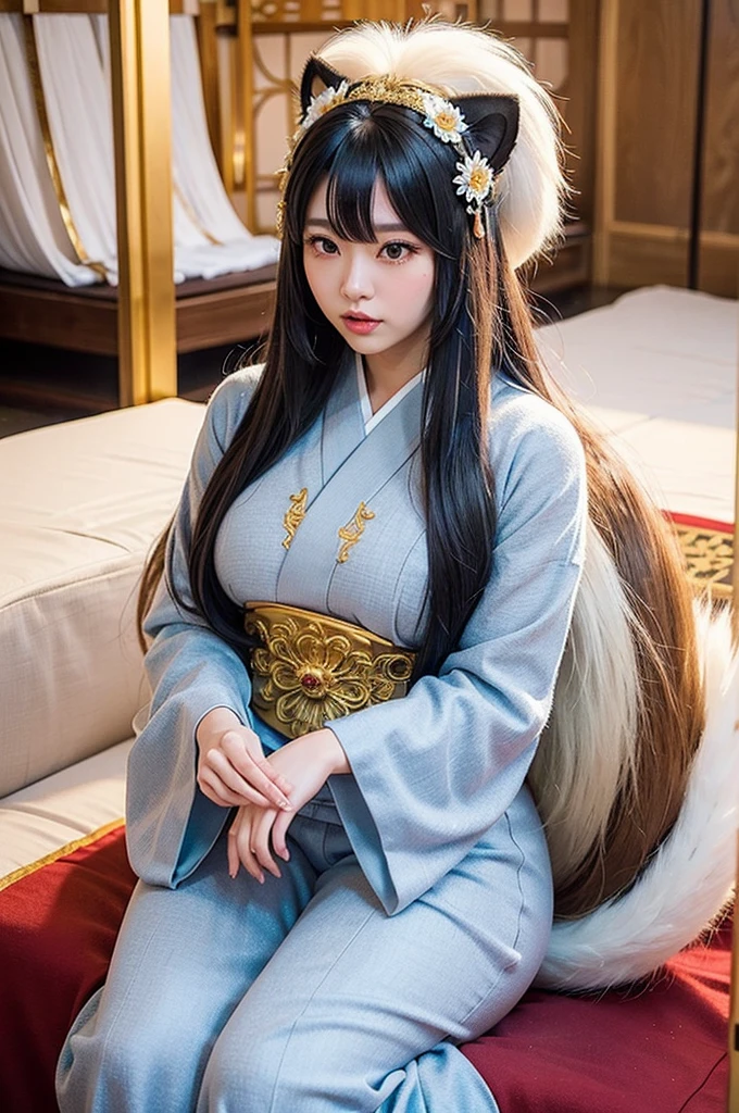 1. "A stunning, majestic female cosplayer dressed as nine tail flower (Kyubi no Hana) at a cosplay event. She has an extremely voluptuous, curvaceous, and very fat body, which she proudly displays. Her long silver wig flows down to her waist, and she has large golden contact lenses with slit pupils. Her face is elegantly made up to radiate beauty. She wears a luxurious kimono with golden embroidery and a fox crest on the obi. Behind her, nine large, glowing, and majestic handmade tails are carefully attached, spreading out gracefully and emphasizing her supernatural beauty and power. The setting includes a backdrop of a traditional Japanese shrine surrounded by blooming cherry trees, and photographers are eagerly capturing her impressive cosplay."

2. "At a cosplay event, a female cosplayer stands dressed as Kyubi no Hana in front of an ancient Shinto shrine backdrop. She has an extremely voluptuous, curvaceous, and very fat figure, radiating confidence and grace. Her long silver wig, large golden contact lenses, and elegantly applied makeup create a striking look. Her luxurious kimono with golden embroidery and fox crest is complemented by nine large, glowing, and majestic handmade tails carefully attached behind her, each tail emphasizing her divine presence. Soft light effects around her add to the mystical atmosphere, and photographers are gathered to capture her stunning appearance."

3. "In a cosplay event setting, a female cosplayer with an extremely voluptuous, curvaceous, and very fat body is dressed as Kyubi no Hana. She stands with authority and kindness, her nine large, glowing, and majestic handmade tails carefully attached and creating an ethereal atmosphere. Her long silver wig, golden contact lenses, and luxurious kimono with golden embroidery and a fox crest enhance her supernatural appearance. The nine tails behind her are a clear and powerful symbol of her character's supernatural strength and beauty, perfectly captured in the cosp