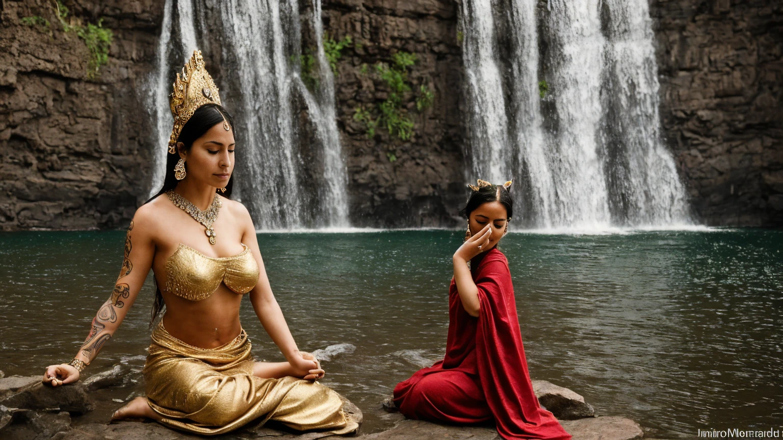 Women"Voluptuous and mysterious priestess meditating in an enchanting landscape near a waterfall, Dressed in a sacred robe and adorned with tattoos and piercings and an iron man helmet that covers her face, framed by a magnificent Hindu temple. The image is an ultra-realistic representation captured in stunning detail.."
