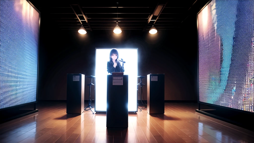 No audience、Live Stage、dark、Before the show、Huge monitor、Music video