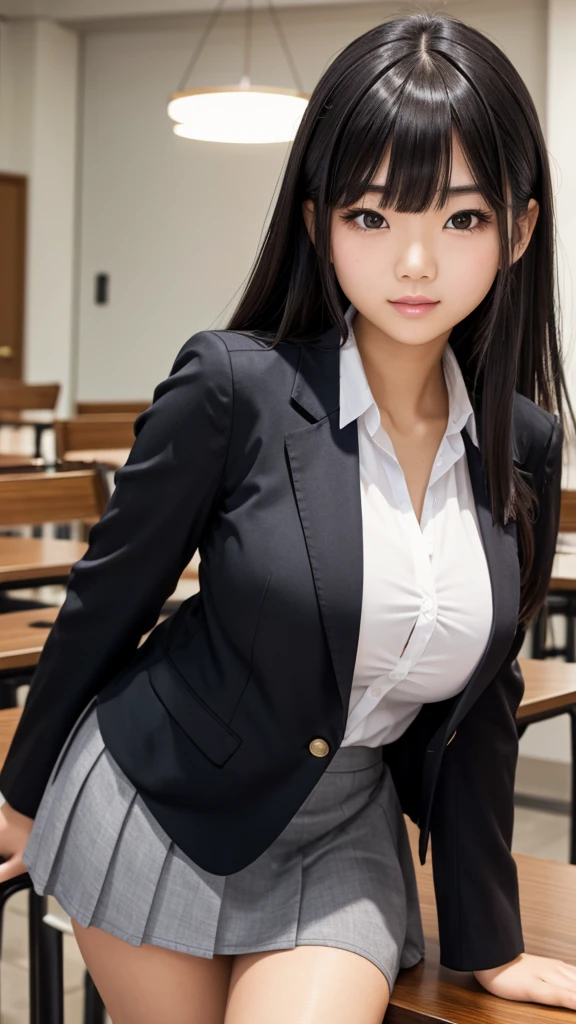 ((Tabletop)), (Detailed face), (highlight), Asian Girl、Big breasts、thigh、Black Hair、Heavy bangs、high school girl、skirt、blazer、