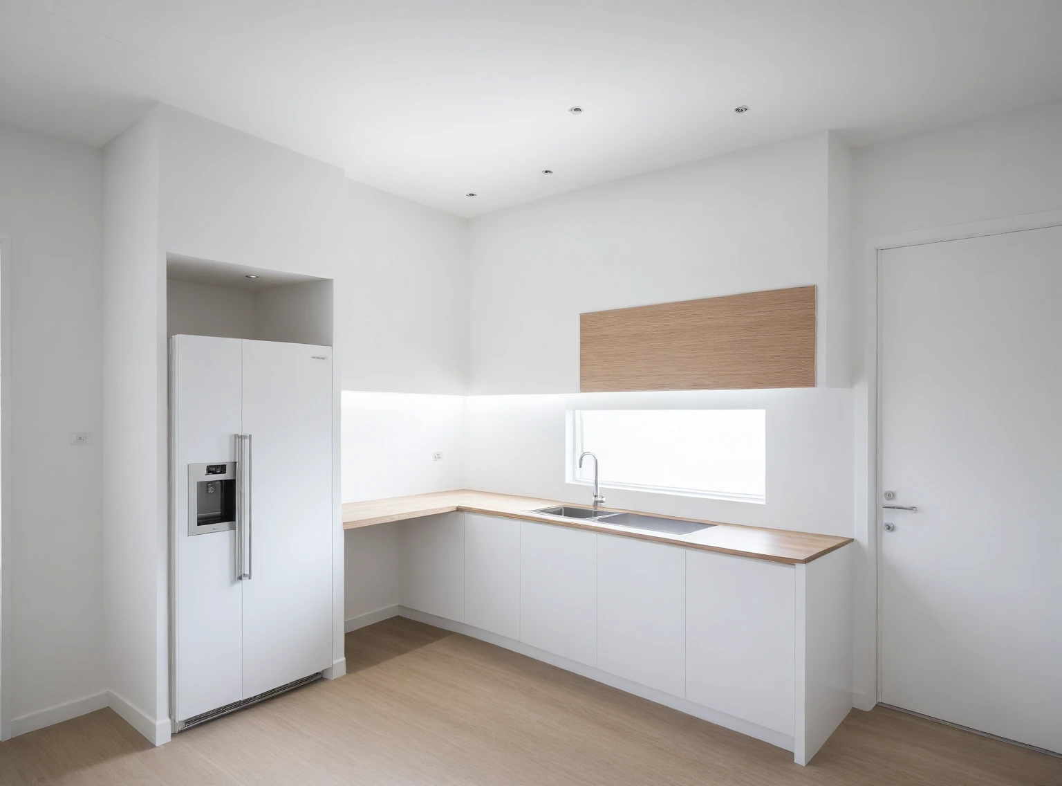Raw photo,Masterpiece, high quality, best quality, authentic, super detail, indoors, interior ,(( dining room : 1.3)), modern style, daylight, (WHITE WALL), (((the right corridor )))