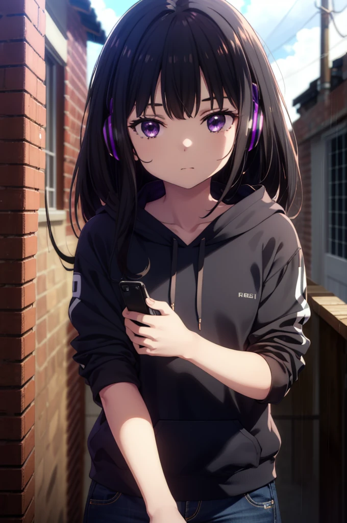 Takiuchikami, Check it out, Long Hair, bangs, Black Hair, (Purple eyes:1.2),Oversized blue hoodie,Wired headphones,jeans,High-top sneakers,Leaning against the wall,Hiding in a roofed building,whole bodyがイラストに入るように,rain,cloudy,night,
break outdoors, Building district,
break looking at viewer, whole body,
break (masterpiece:1.2), Highest quality, High resolution, unity 8k wallpaper, (figure:0.8), (Beautiful attention to detail:1.6), Highly detailed face, Perfect lighting, Highly detailed CG, (Perfect hands, Perfect Anatomy),