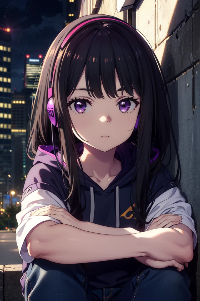 Takiuchikami, Check it out, Long Hair, bangs, Black Hair, (Purple eyes:1.2),Oversized blue hoodie,Wired headphones,jeans,High-top sneakers,Leaning against the wall,Hiding in a roofed building,whole bodyがイラストに入るように,rain,cloudy,night,
break outdoors, Building district,
break looking at viewer, whole body,
break (masterpiece:1.2), Highest quality, High resolution, unity 8k wallpaper, (figure:0.8), (Beautiful attention to detail:1.6), Highly detailed face, Perfect lighting, Highly detailed CG, (Perfect hands, Perfect Anatomy),