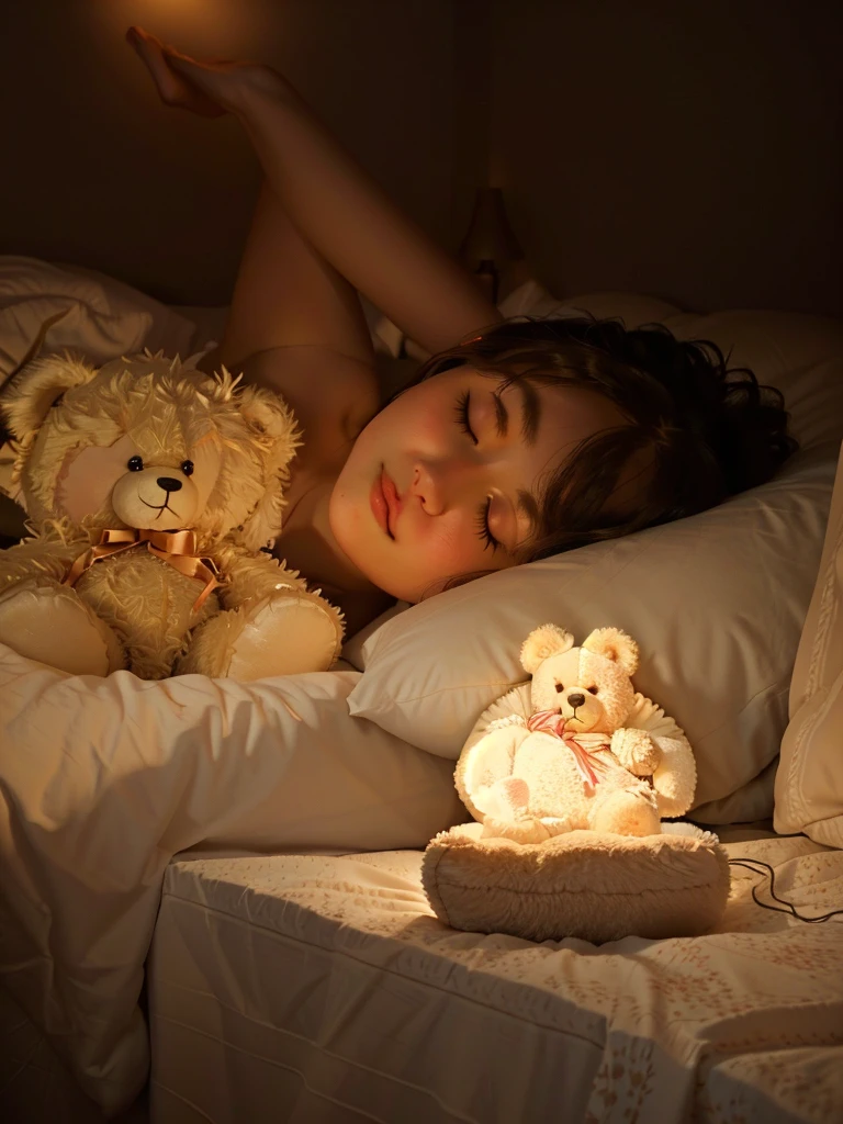 There is a teddy bear lying on the bed, Night Light, Soft warm light, Warm Mood, Warm dim lighting, Beautiful soft light, Beautiful and lovely lighting, Warm ambient light,