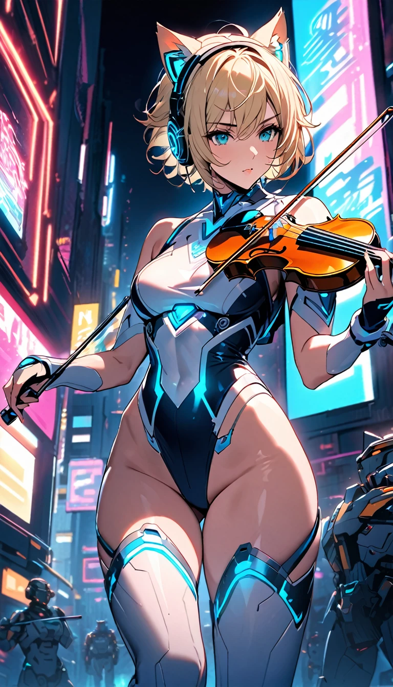 Beautiful single woman, sexy woman, manly short hair, pixie, blonde hair, glowing wires, headphones, cat ears and neon sci-fi robot leotard. Behind it is a robot with neon lights. The background image is a large robot, clearly visible. stage performance Play the neon sci-fi colored violin