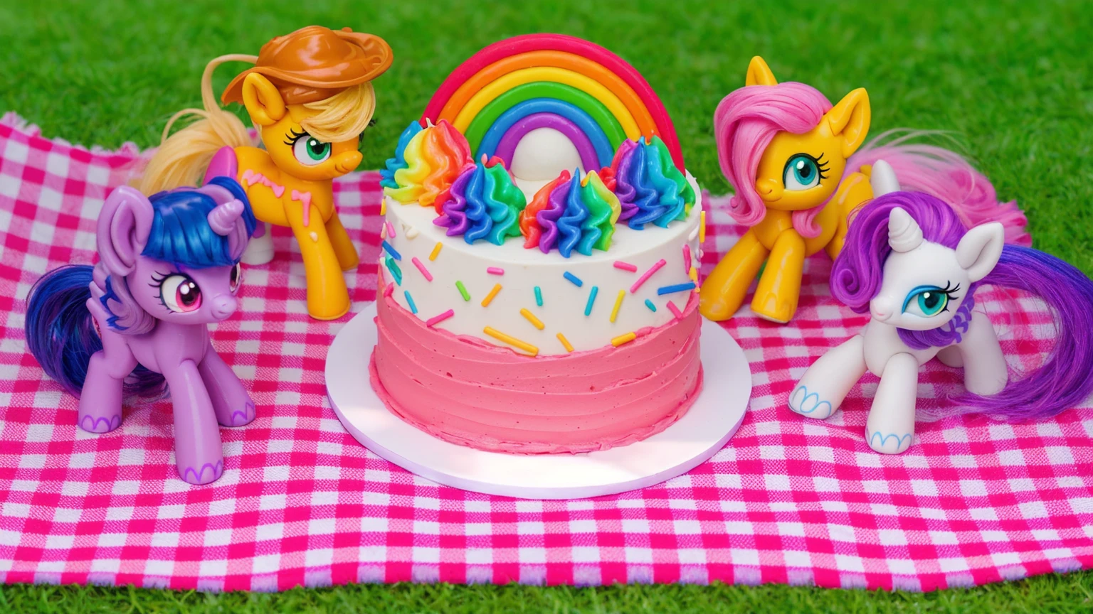 on the grass, on a pink checkered tablecloth. there is a white plate with cake, white and pink cream cake, Rainbow confectionery powder on the cake, top rainbow gradient cream, polymer clay rainbow, рядом стоят пластиковые pony toys из мультфильма My Little Pony, pony toys, beautiful light, sunlight, sunny day, beautiful lighting, bright announcement, several light sources, Realistic style, realistic textures, high quality, high detail, detailed texture, ultra 4k hd