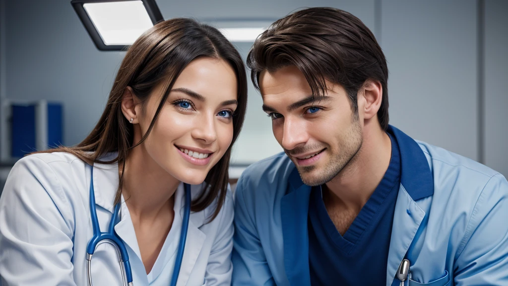 portrait of a happy male doctor smiling with his female patient, detailed facial features, striking blue eyes, sharp jawline, professional medical attire, warm lighting, photorealistic, 8k, highly detailed