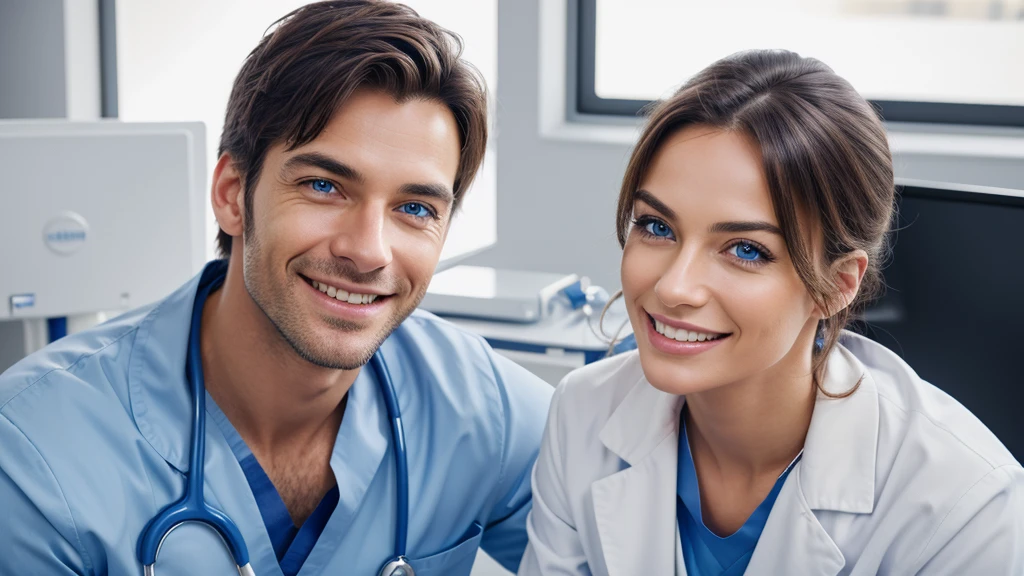 portrait of a happy male doctor smiling with his female patient, detailed facial features, striking blue eyes, sharp jawline, professional medical attire, warm lighting, photorealistic, 8k, highly detailed