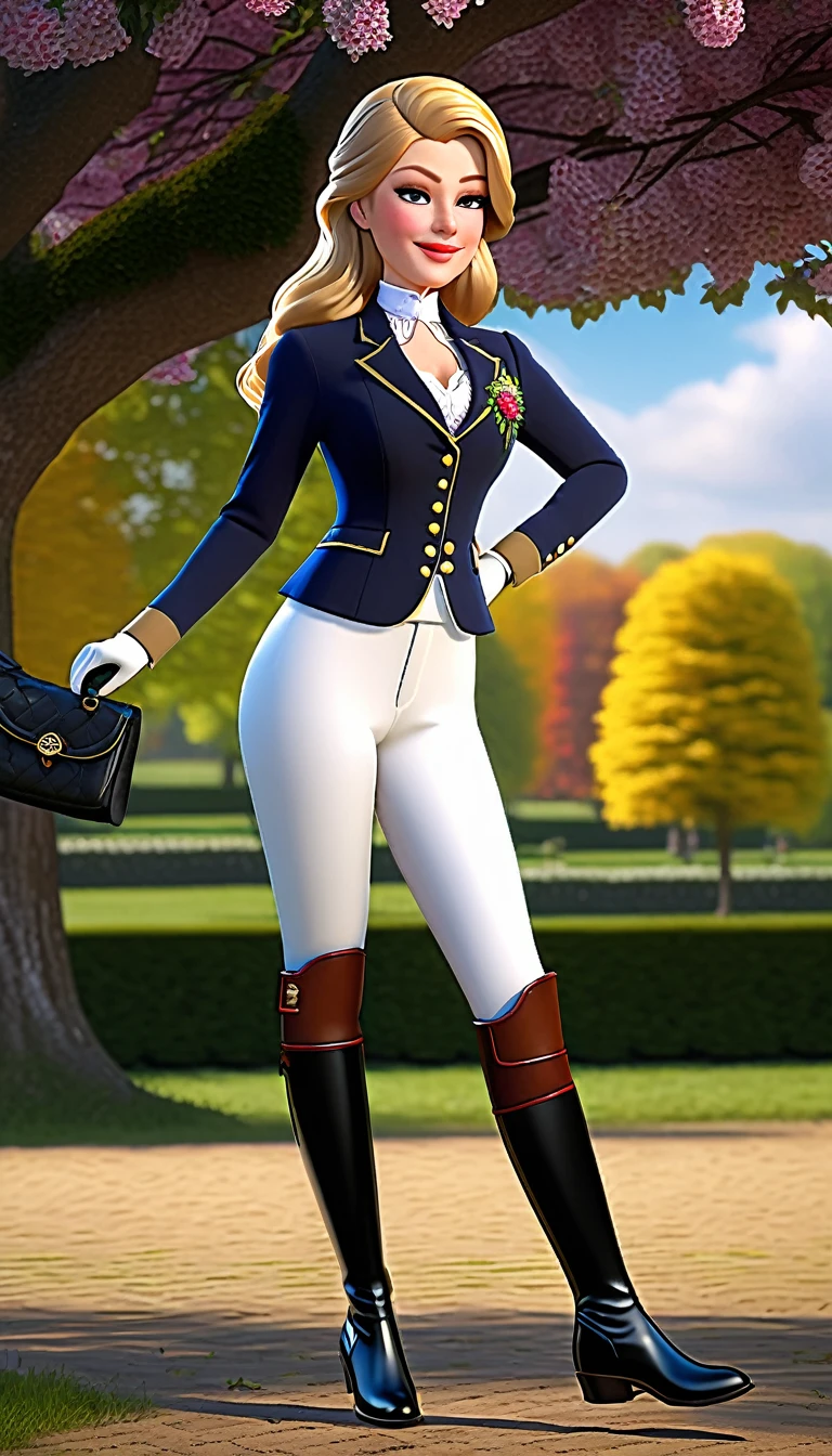 arafe gorgeous german aristocrat woman, old money vibes, ((full body showcase)), wearing luxury woman Equestrian Clothing, 
(best quality,4k,8k,highres,masterpiece:1.2), ultra-detailed, (realistic,photorealistic,photo-realistic:1.37), HDR, UHD, studio lighting, ultra-fine painting, sharp focus, physically-based rendering, extreme detail description, professional, vivid colors, bokeh, portraits, German aristocrat woman, Equestrian Clothing, lush countryside garden, blooming flowers, tall oak trees, warm sunlight, flowing golden locks, elegant riding jacket, fitted jodhpurs, knee-high boots, beautiful chestnut horse, picturesque backdrop.