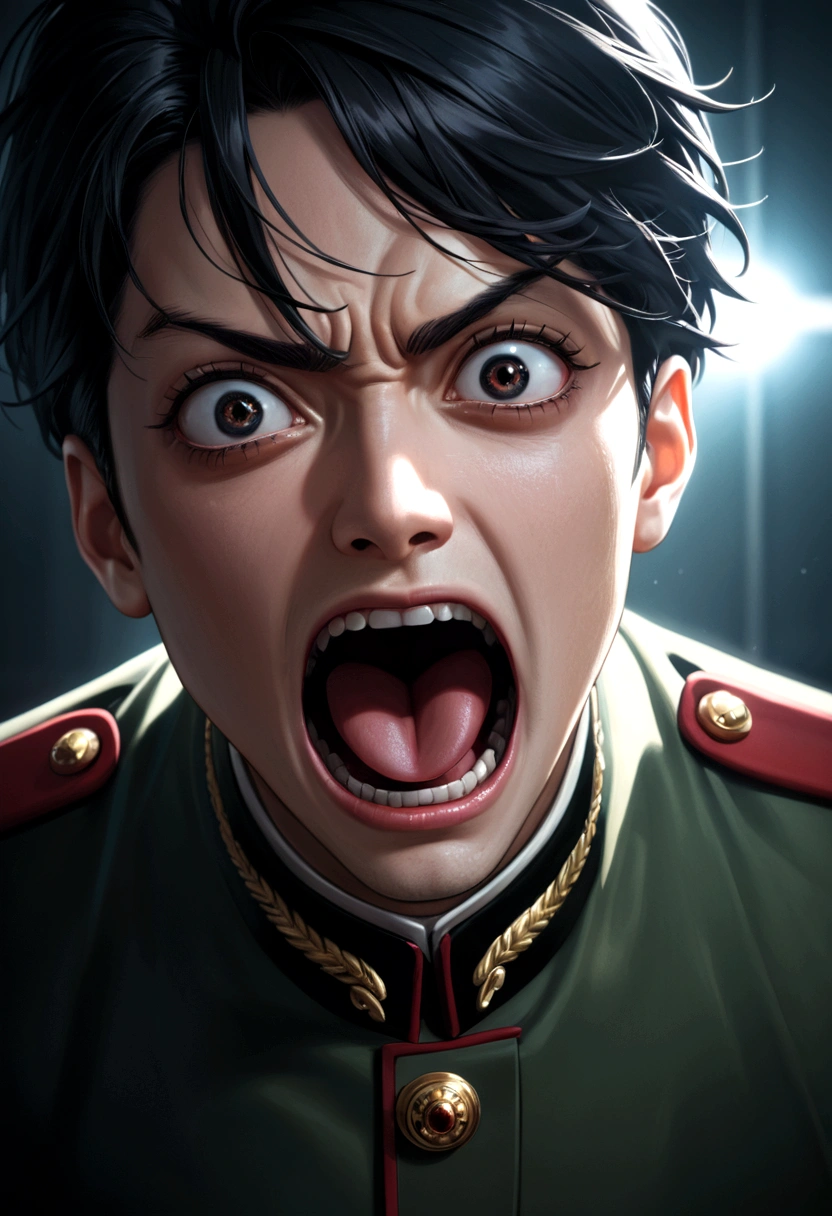 One cool guy、Screaming、Green military uniform、Close-up from chest up、Black Hair、Dark Eyes